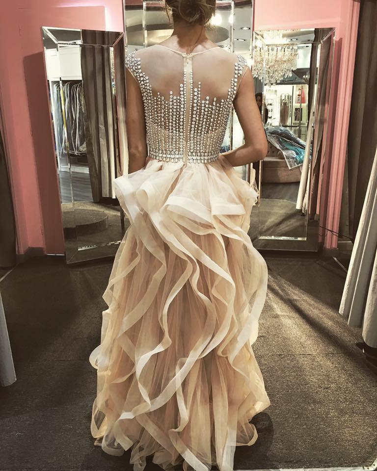 A-Line Jewel Floor-Length Tulle Prom Dress With Beading Ruffles TP0068 - Tirdress