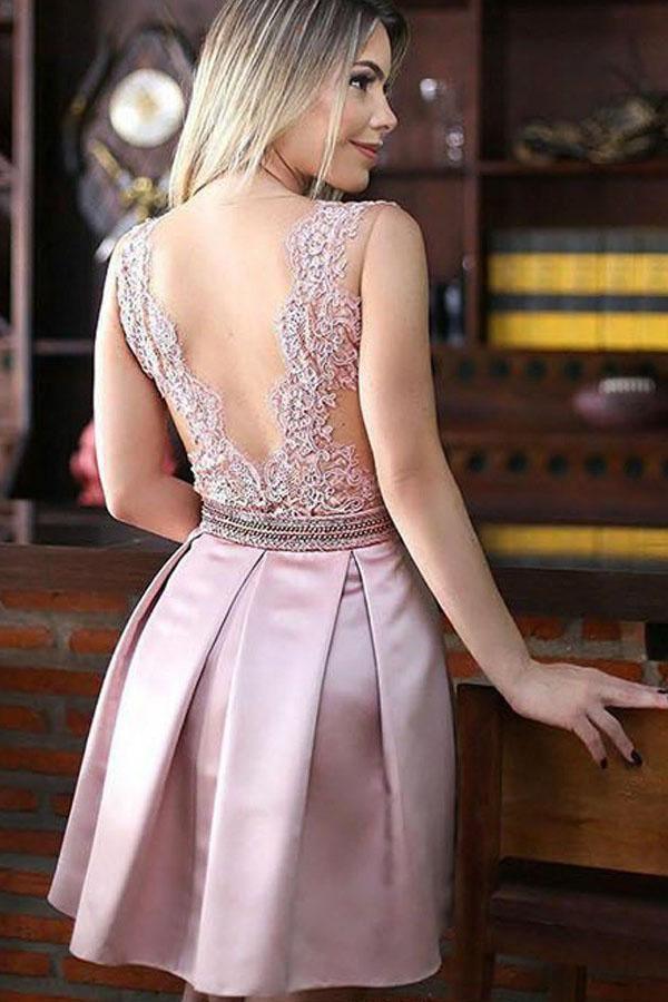 A-Line Jewel Pink Short Satin Homecoming Dress with Beading Appliques PG155 - Tirdress