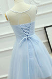 A-Line Jewel Short Blue Tulle Homecoming Dress with Sash Appliques PG121 - Tirdress