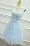 A-Line Jewel Short Blue Tulle Homecoming Dress with Sash Appliques PG121 - Tirdress