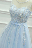 A-Line Jewel Short Blue Tulle Homecoming Dress with Sash Appliques PG121 - Tirdress