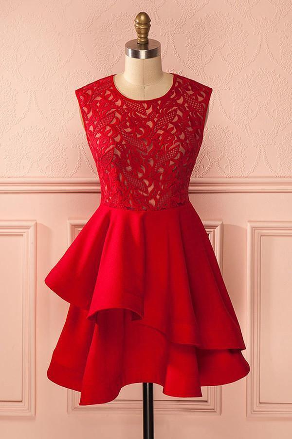 A-Line Jewel Short Red Satin Homecoming Dress with Lace Ruffles PG117 - Tirdress