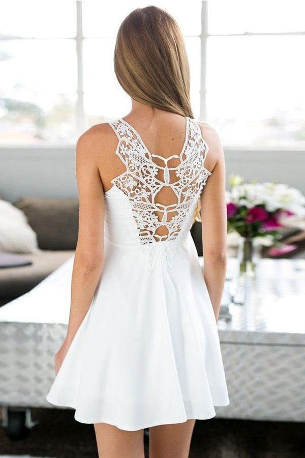 A-Line Jewel Short White Satin Homecoming Dress with Lace – Tirdress