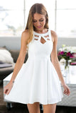 A-Line Jewel Short White Satin Homecoming Dress with Lace PG159