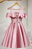 A-Line Knee-Length Cold Shoulder Pink Satin Homecoming Dress With Lace TR0178 - Tirdress