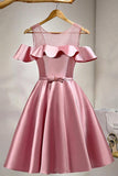 A-Line Knee-Length Cold Shoulder Pink Satin Homecoming Dress With Lace TR0178