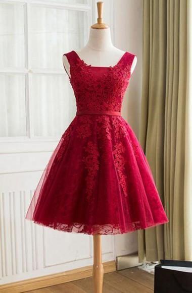 A-Line Knee-Length Red Tulle Homecoming Dress With Appliques TR0185 - Tirdress