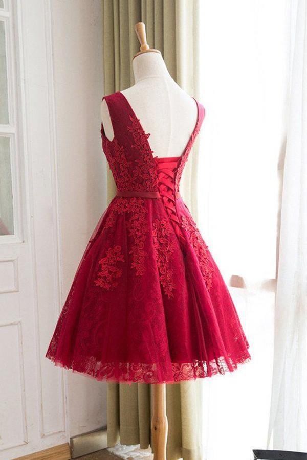 A-Line Knee-Length Red Tulle Homecoming Dress With Appliques TR0185 - Tirdress