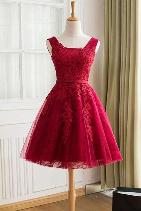 Robe de soir e A ligne longueur genou en tulle rouge avec appliques TR0185