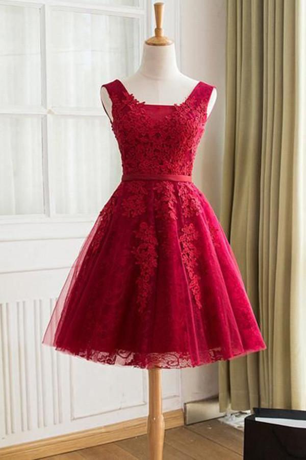 A-Line Knee-Length Red Tulle Homecoming Dress With Appliques TR0185 - Tirdress