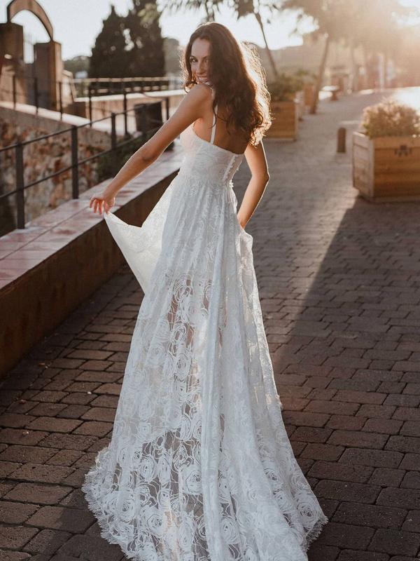 A-Line Lace Backless V-Neck Spaghetti Straps Lace Wedding Dress TN272 US12 / As Picture A-Line Lace Backless V-Neck Spaghetti Straps Lace Wedding Dress TN272 US12 / As Picture