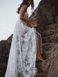 A-Line Lace Backless V-Neck Spaghetti Straps Lace Wedding Dress TN272 - Tirdress