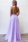 A-Line Lavender Tulle Spaghetti Straps Appliques Long Prom Dress with Slit TP1121 - Tirdress