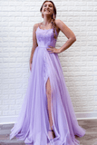 A-Line Lavender Tulle Spaghetti Straps Appliques Long Prom Dress with Slit TP1121 - Tirdress