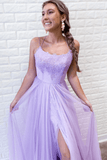 A-Line Lavender Tulle Spaghetti Straps Appliques Long Prom Dress with Slit TP1121 - Tirdress