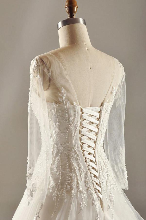 A-Line Long Sleeve Waist Lace Beaded Wedding Dress Court Train TN0099 - Tirdress