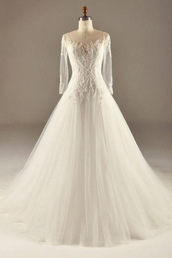 A-Line Long Sleeve Waist Lace Beaded Wedding Dress Court Train TN0099 - Tirdress