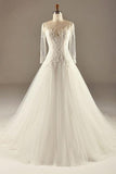 A-Line Long Sleeve Waist Lace Beaded Wedding Dress Court Train TN0099