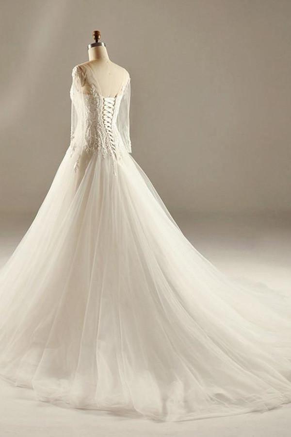 A-Line Long Sleeve Waist Lace Beaded Wedding Dress Court Train TN0099 - Tirdress