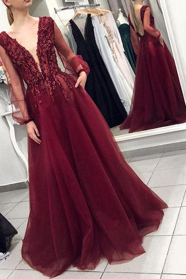 A-Line Long Sleeves V-neck Lace Applique Tulle Prom Dresses TP0822 - Tirdress