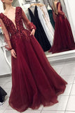 A-Line Long Sleeves V-neck Lace Applique Tulle Prom Dresses TP0822