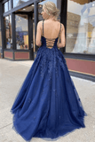 A-Line Navy Blue Tulle Lace Long Prom Dress Evening Dress TP0982 - Tirdress