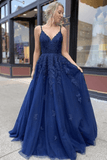 A-Line Navy Blue Tulle Lace Long Prom Dress Evening Dress TP0982