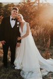 A-Line V Neck Ivory Satin Simple Elegant Wedding Dresses Bridal Gown TN244 - Tirdress