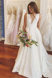 A-Line V Neck Ivory Satin Simple Elegant Wedding Dresses Bridal Gown TN244