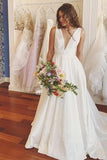 A-Line V Neck Ivory Satin Simple Elegant Wedding Dresses Bridal Gown TN244 - Tirdress