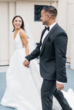 A-Line V Neck Ivory Satin Simple Elegant Wedding Dresses Bridal Gown TN244 - Tirdress