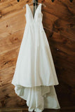 A-Line V Neck Ivory Satin Simple Elegant Wedding Dresses Bridal Gown TN244 - Tirdress