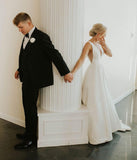 A-Line V Neck Ivory Satin Simple Elegant Wedding Dresses Bridal Gown TN244 - Tirdress
