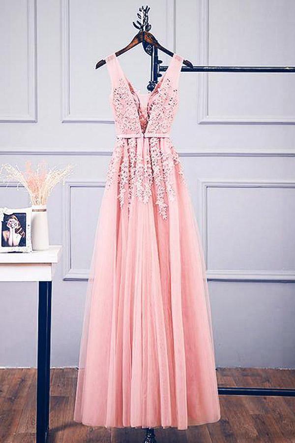 Unique Pink Tulle Lace Applique Long Prom Dress, Pink Formal Party Dresses