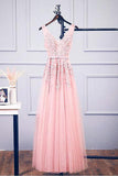 A-Line V Neck Pink Tulle Lace Applique Long Prom Dress Evening Dress TP0936 - Tirdress