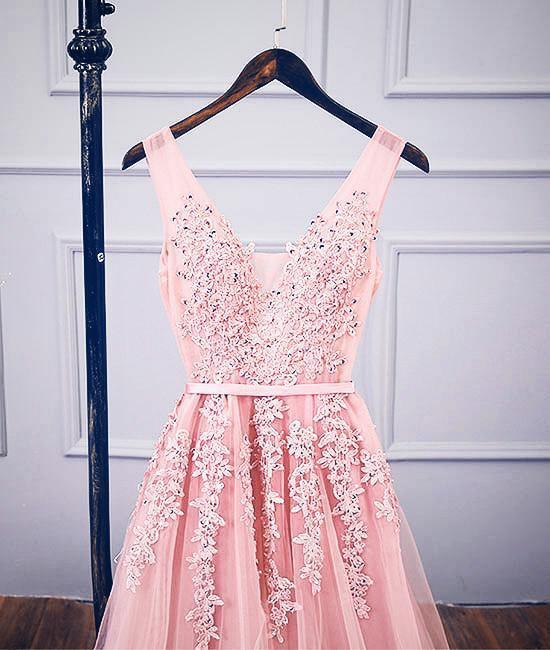 A-Line V Neck Pink Tulle Lace Applique Long Prom Dress Evening Dress TP0936 - Tirdress