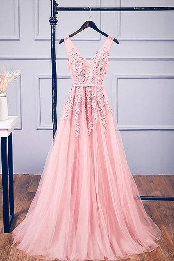 A-Line V Neck Pink Tulle Lace Applique Long Prom Dress Evening Dress TP0936 - Tirdress