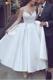 A-Line V Neck Straps Tea Length Satin Wedding Dresses with Appliques TN275 - Tirdress