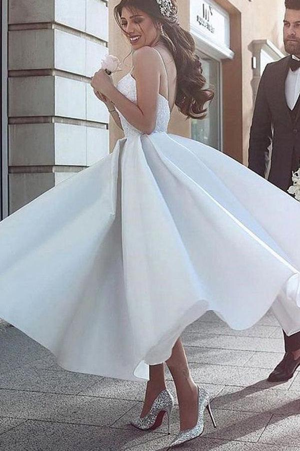 A-Line V Neck Straps Tea Length Satin Wedding Dresses with Appliques US12 / Custom Color A-Line V Neck Straps Tea Length Satin Wedding Dresses with Appliques US12 / Custom Color