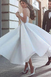 A-Line V Neck Straps Tea Length Satin Wedding Dresses with Appliques TN275