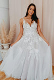 A-Line V Neck Tulle Lace Appliques White Wedding Dress Bridal Gown TN258