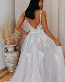 A-Line V Neck Tulle Lace Appliques White Wedding Dress Bridal Gown TN258 - Tirdress