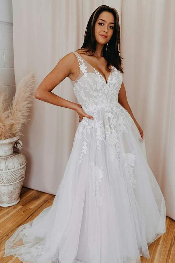 A-Line V Neck Tulle Lace Appliques White Wedding Dress Bridal Gown TN258 - Tirdress