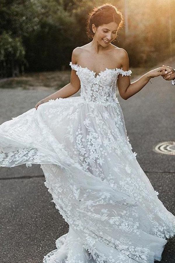 A-Line Off-the-Shoulder Boho Wedding Dress with Appliques TN126 - Tirdress