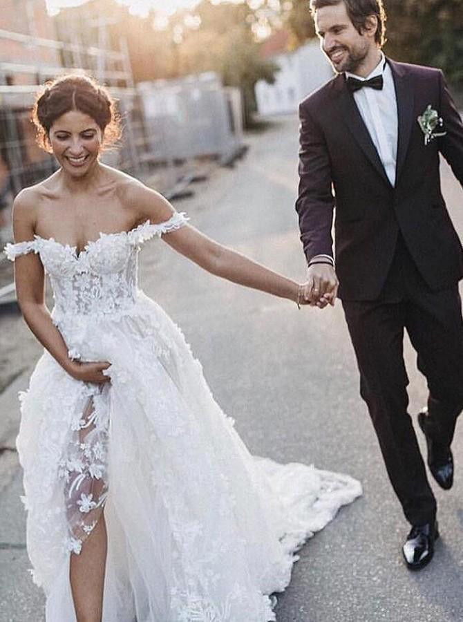 A-Line Off-the-Shoulder Boho Wedding Dress with Appliques TN126 - Tirdress