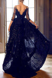 A-Line Off-the-Shoulder High Low Navy Blue Lace Prom/Homecoming Dress TP0169 - Tirdress