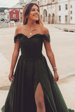A-Line Off-the-Shoulder Split Dark Green Lace Appliques Prom Dress TP0932