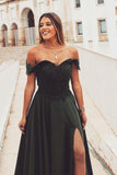 A-Line Off-the-Shoulder Split Dark Green Lace Appliques Prom Dress TP0932 - Tirdress