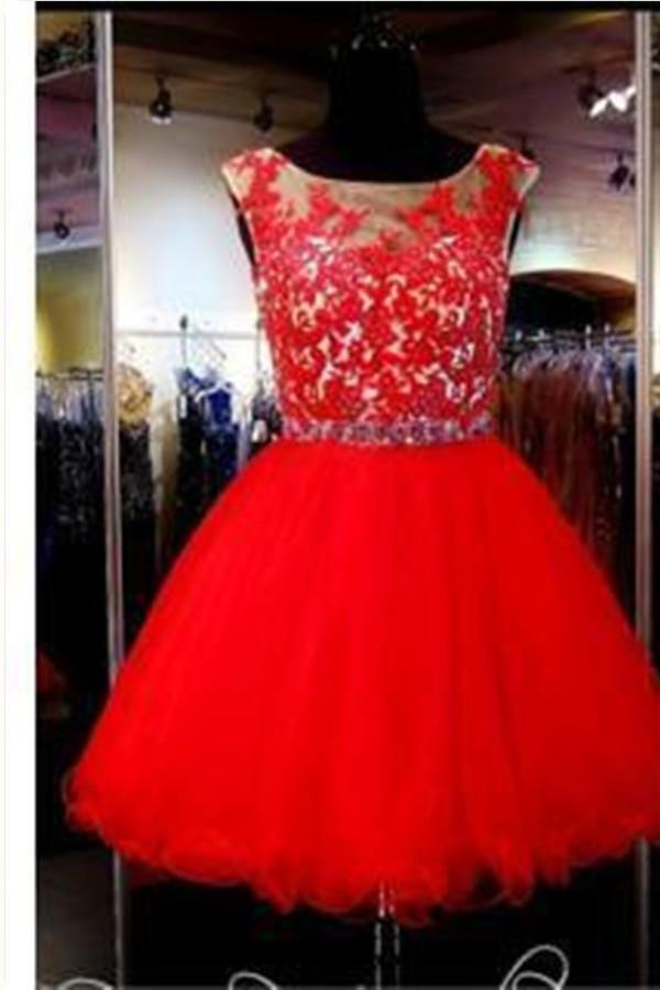 A-Line Red Appliques Tulle Short Sleeveless Mini Homecoming Dress TR0030 - Tirdress