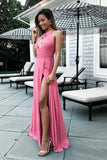 A-Line Round Neck Floor-Length Keyhole Pink Prom Dress with Split  PG424